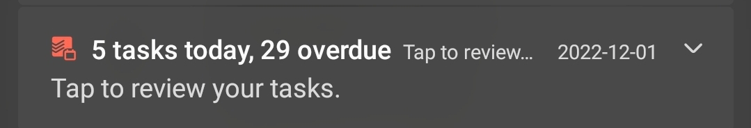 A phone notification for the Todoist app, which reads "5 tasks today, 29 overdue"