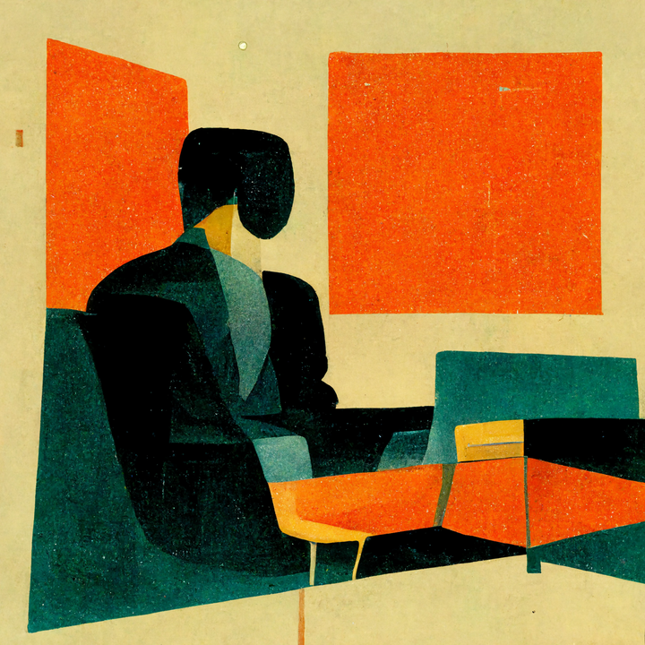 An art-deco, abstract style picture of a man sitting in a modern office